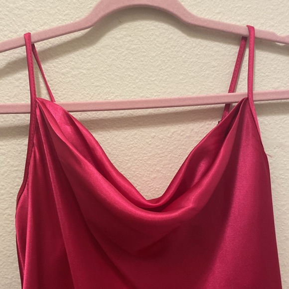 SATIN COWL NECK SLIP MIDI DRESS IN FUSHIA - Picture 5 of 10